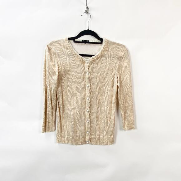 Talbots XS Womens Cream Tan Chevron Ruffle Trim Button Front Sweater Cardigan - Picture 1 of 8